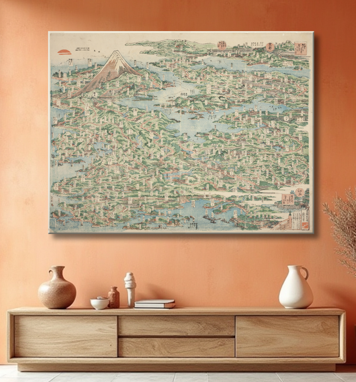 Reproduction Les lieux célèbres du Tokaido en une seule vue (Tokaido meisho ichiran) de Katsushika Hokusai avec decor