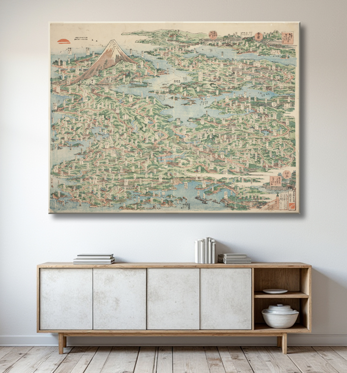 Reproduction Les lieux célèbres du Tokaido en une seule vue (Tokaido meisho ichiran) de Katsushika Hokusai avec decor