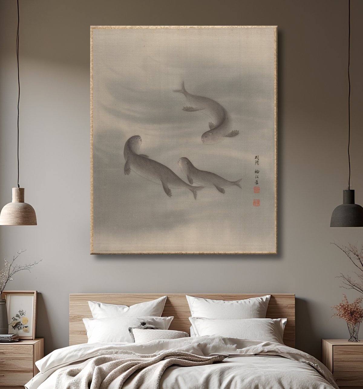 Reproduction Les loutres nageant de Seki Shūkō avec decor