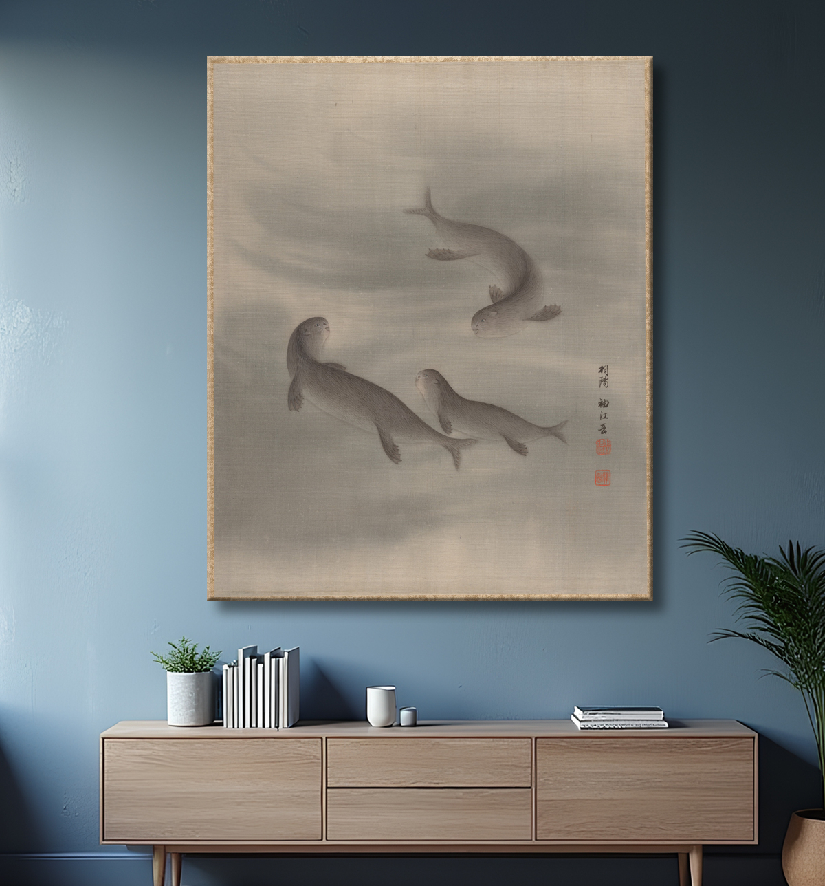 Reproduction Les loutres nageant de Seki Shūkō avec decor
