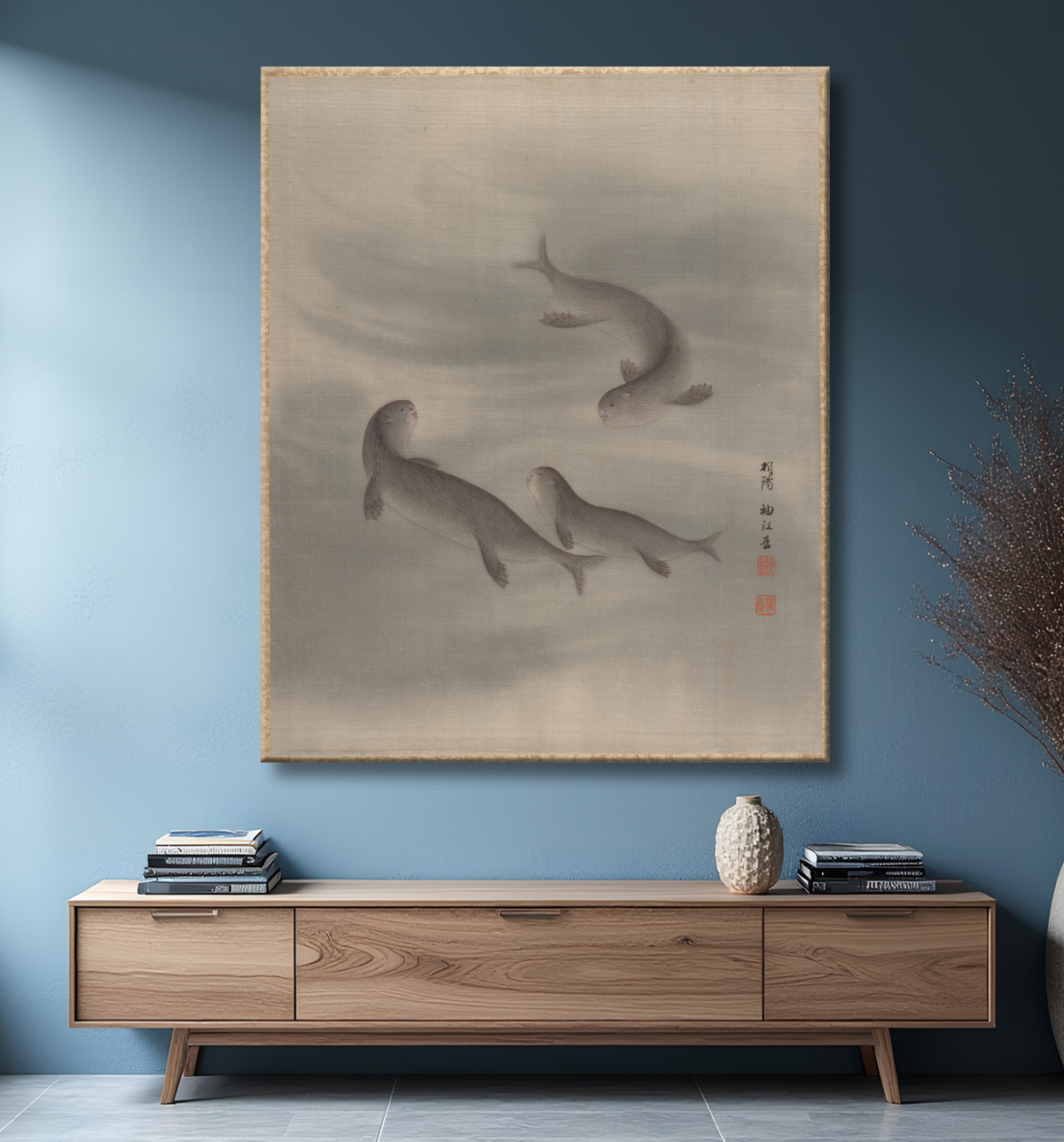Reproduction Les loutres nageant de Seki Shūkō avec decor