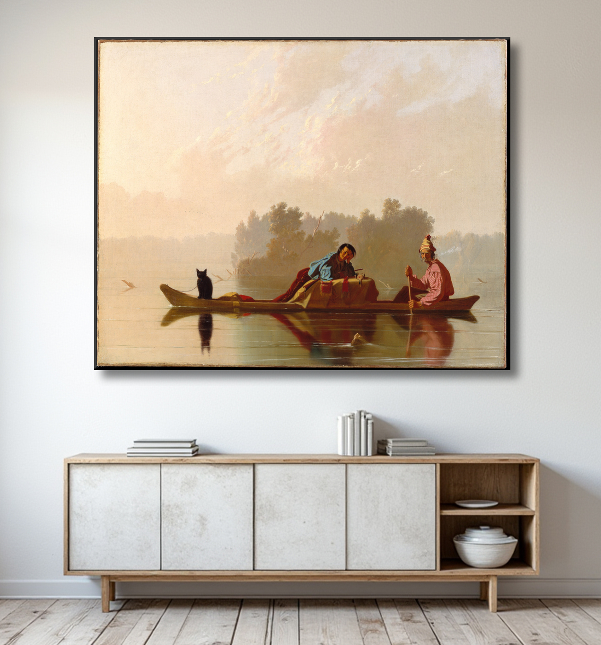 Reproduction Les marchands de fourrures descendant le Missouri de George Caleb Bingham avec decor