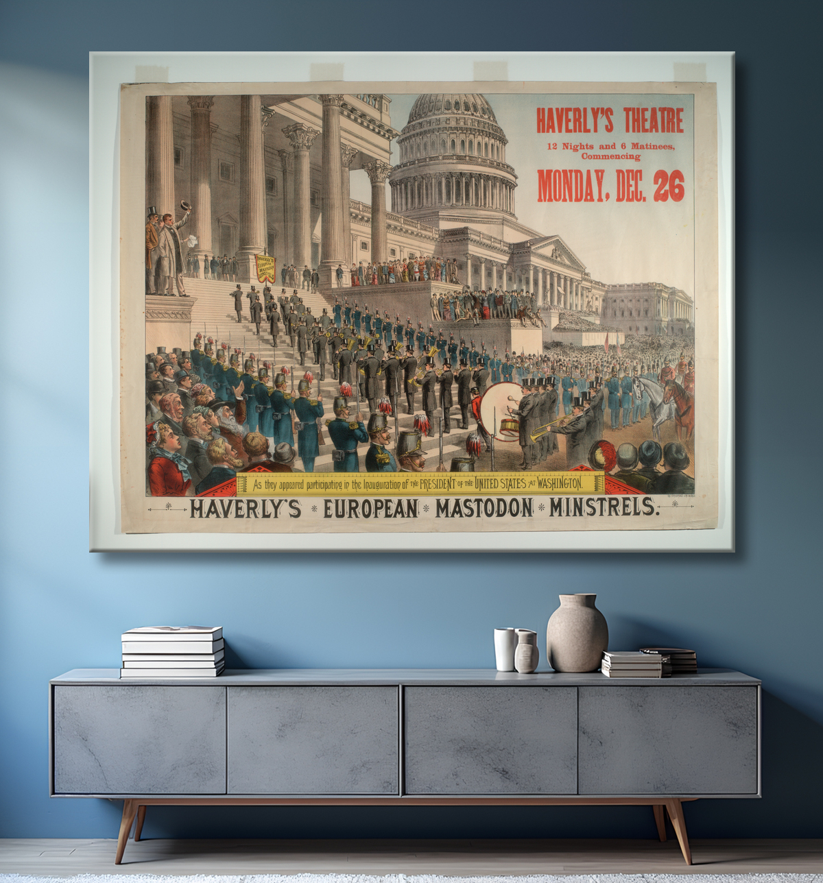 Reproduction Les ménestrels mastodontes européens de Haverly de Strobridge Lithographing Company avec decor