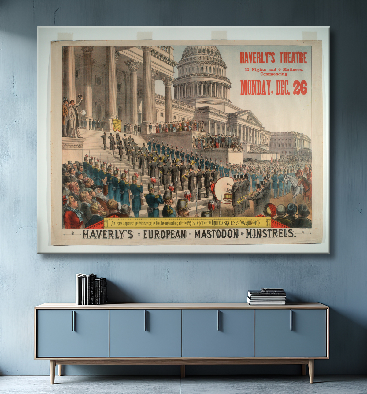 Reproduction Les ménestrels mastodontes européens de Haverly de Strobridge Lithographing Company avec decor