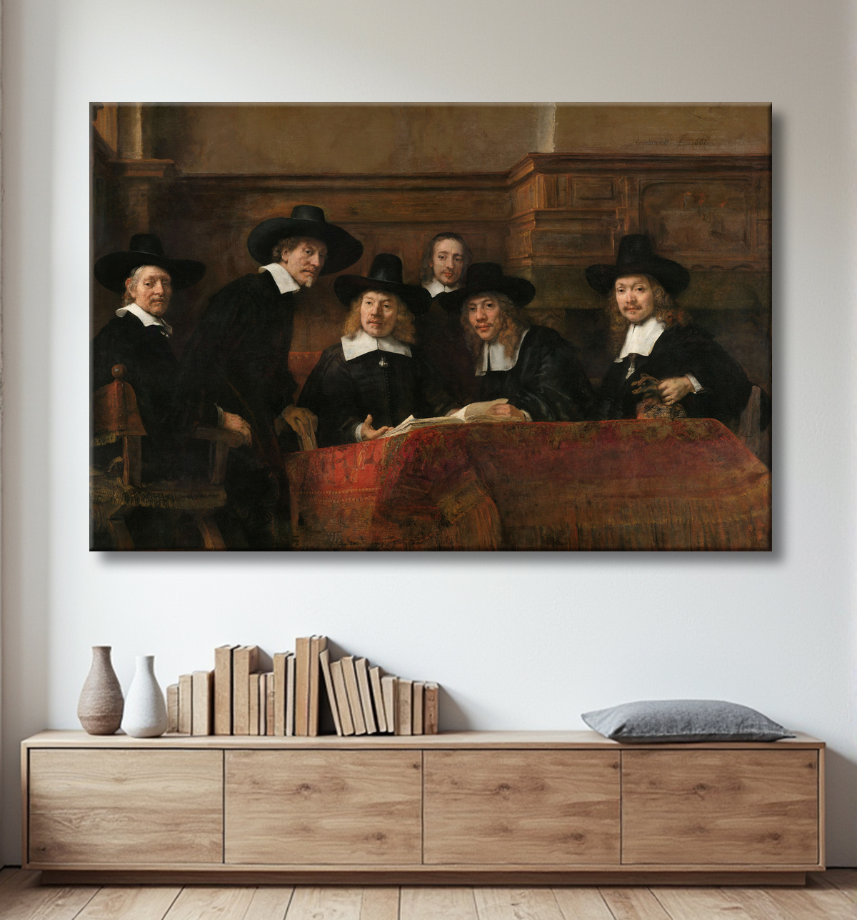 Reproduction Les responsables de l'échantillonnage de la guilde des drapiers d'Amsterdam, connus sous le nom de « les syndics » de Rembrandt van Rijn avec decor
