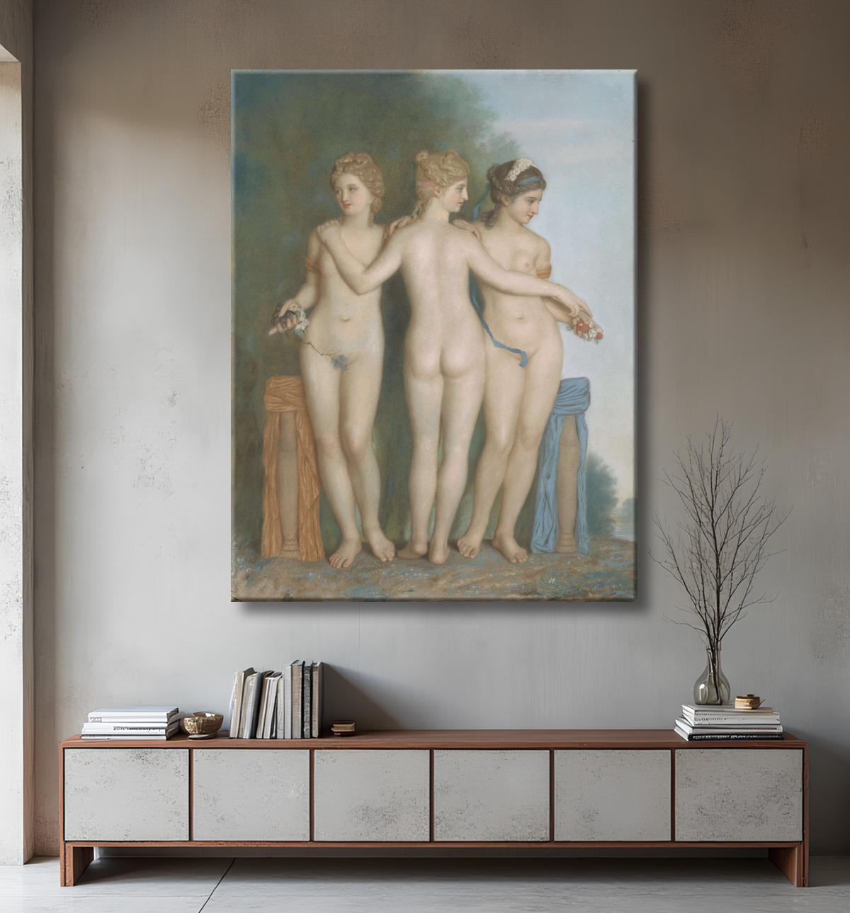 Reproduction Les Trois Grâces, d'après le groupe de marbre antique de la Galleria Borghese, Rome de Jean-Etienne Liotard avec decor