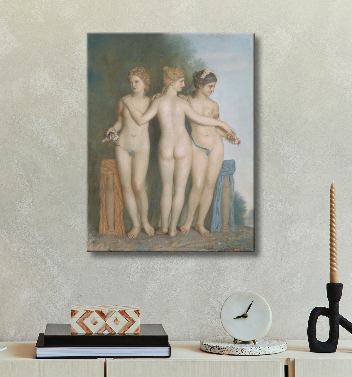 Reproduction Les Trois Grâces, d'après le groupe de marbre antique de la Galleria Borghese, Rome de Jean-Etienne Liotard avec decor