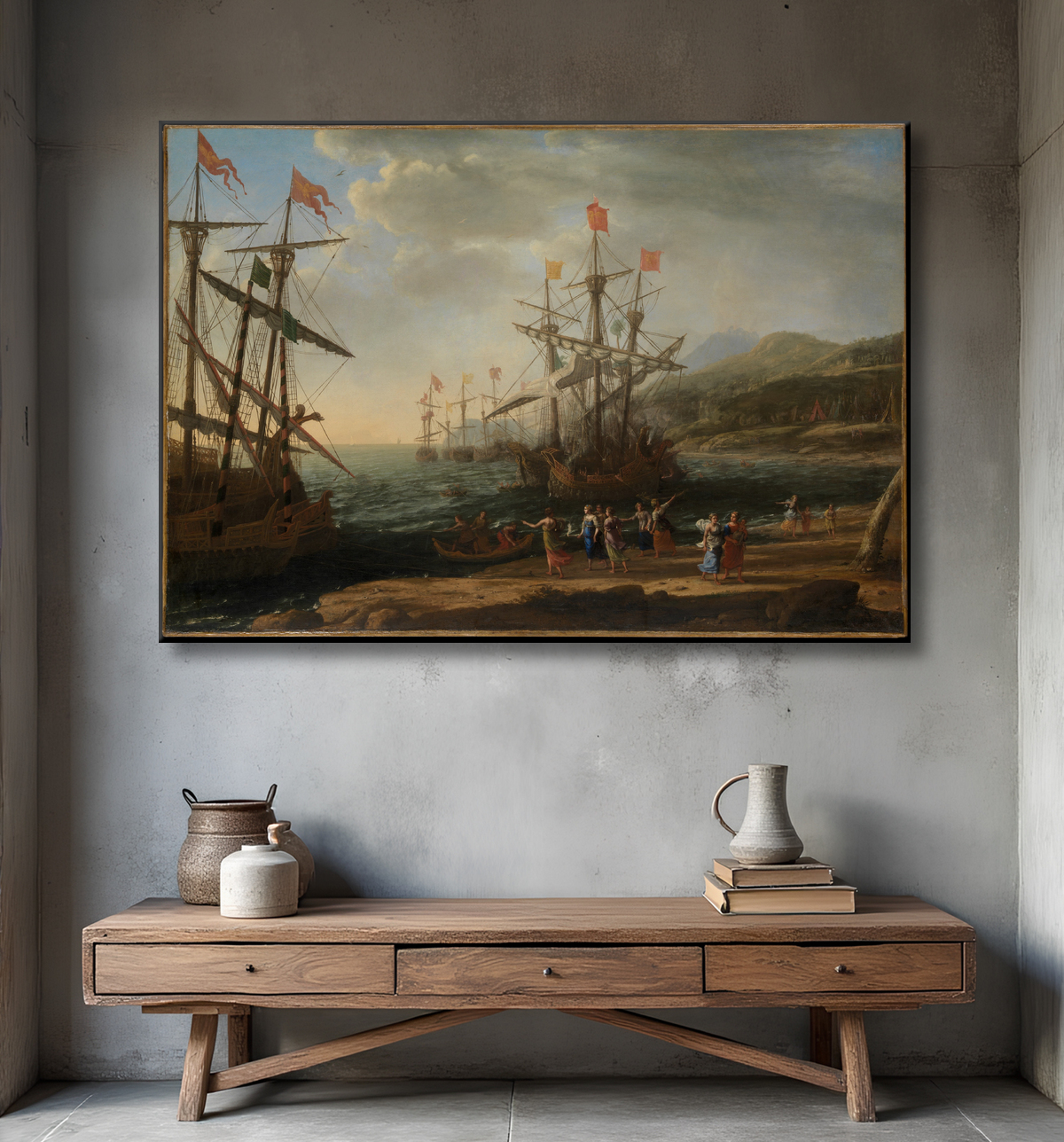 Reproduction Les Troyennes mettent le feu à leur flotte de Claude Lorrain (Claude Gellée) avec decor