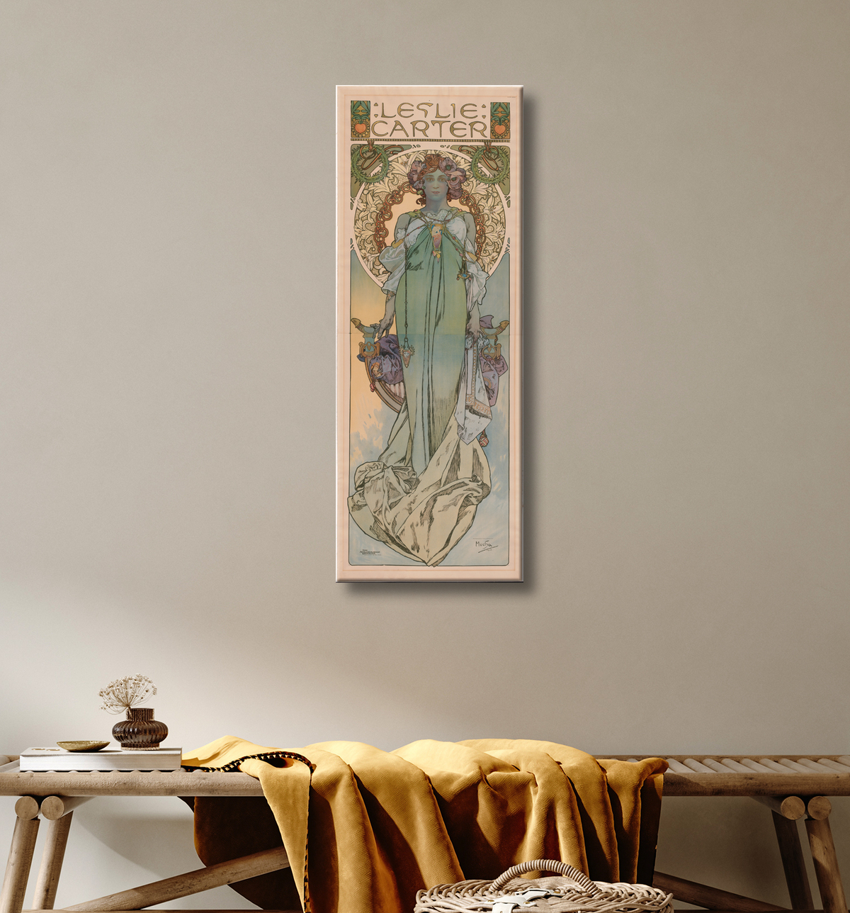 Reproduction Leslie Carter de Alphonse Mucha, 24 Jul 1860 - 14 Jul 1939 avec decor
