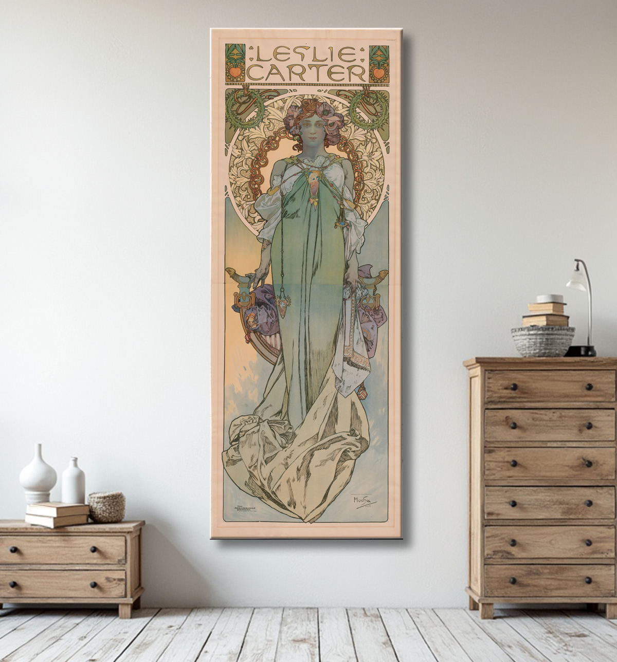 Reproduction Leslie Carter de Alphonse Mucha, 24 Jul 1860 - 14 Jul 1939 avec decor