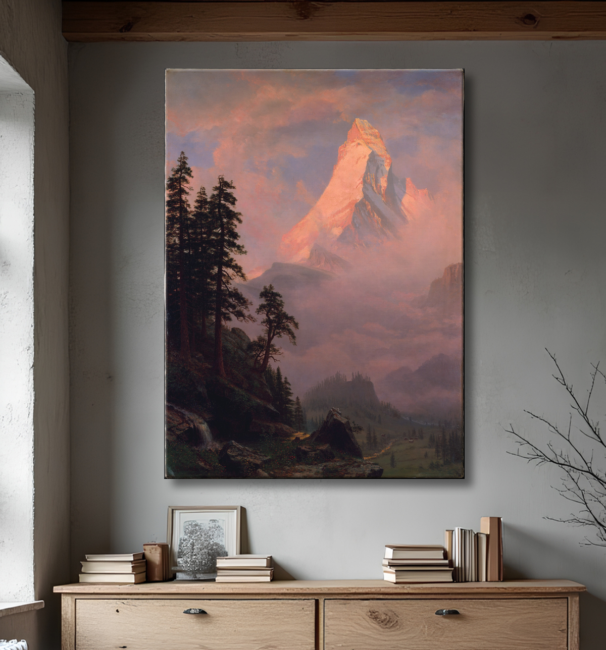 Reproduction Lever de soleil sur le Cervin de Albert Bierstadt avec decor
