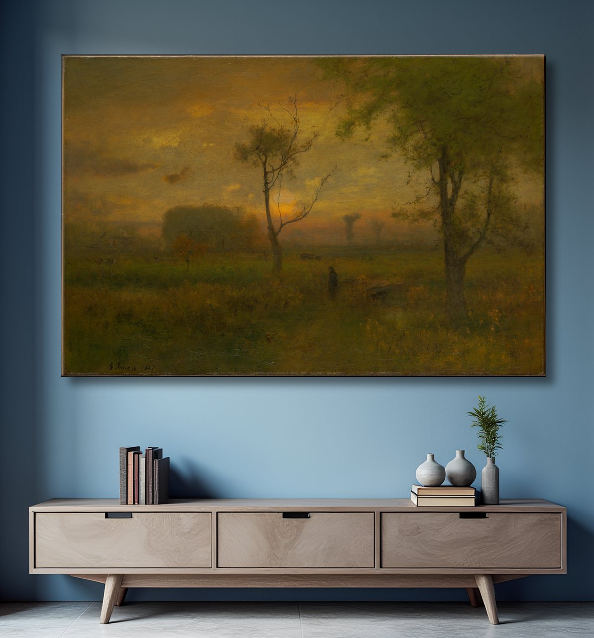 Reproduction lever du soleil de George Inness avec decor