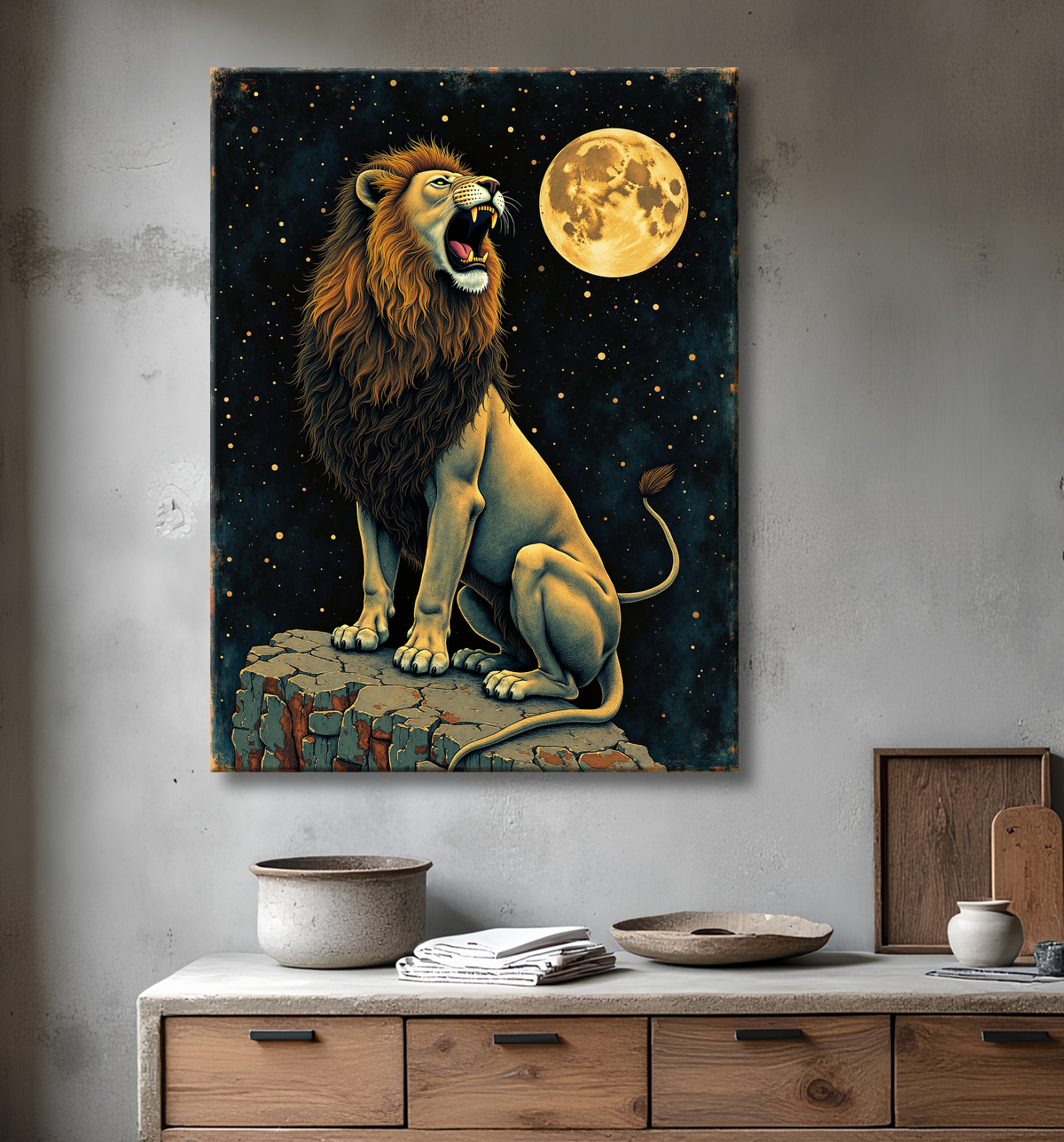Tableau lion féerique - Portrait magique sous une nuit étoilée avec decor