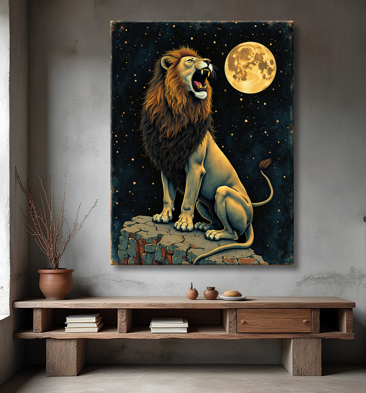 Tableau lion féerique - Portrait magique sous une nuit étoilée avec decor
