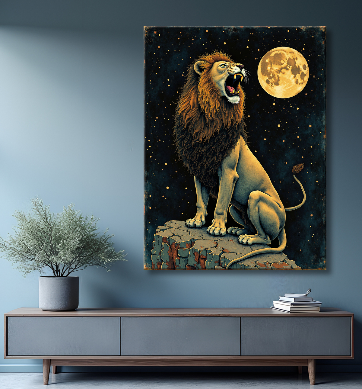 Tableau lion féerique - Portrait magique sous une nuit étoilée avec decor