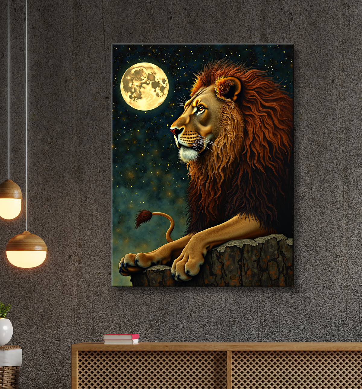 Tableau lion féerique - Portrait magique sous une nuit étoilée avec decor
