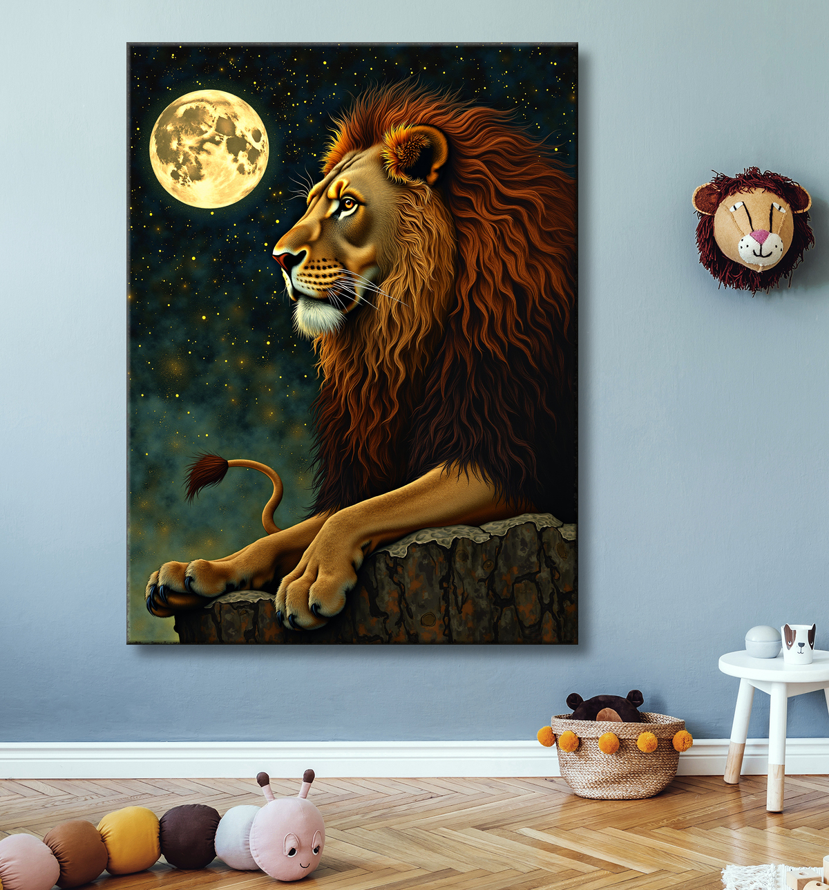 Tableau lion féerique - Portrait magique sous une nuit étoilée avec decor