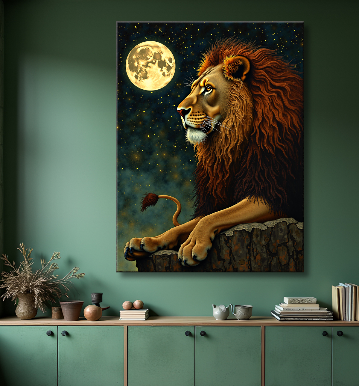 Tableau lion féerique - Portrait magique sous une nuit étoilée avec decor