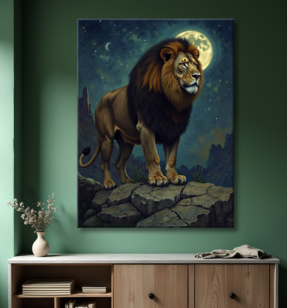Tableau lion féerique - Portrait magique sous une nuit étoilée avec decor