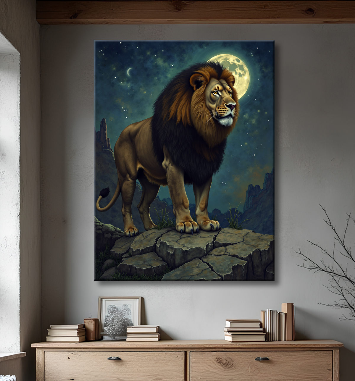 Tableau lion féerique - Portrait magique sous une nuit étoilée avec decor