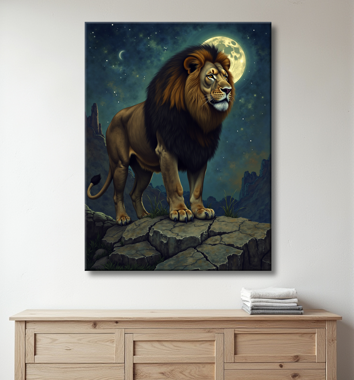 Tableau lion féerique - Portrait magique sous une nuit étoilée avec decor