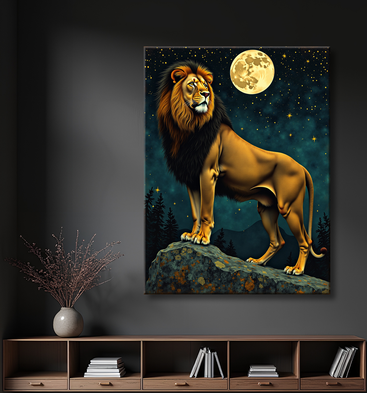 Tableau lion féerique - Portrait magique sous une nuit étoilée avec decor