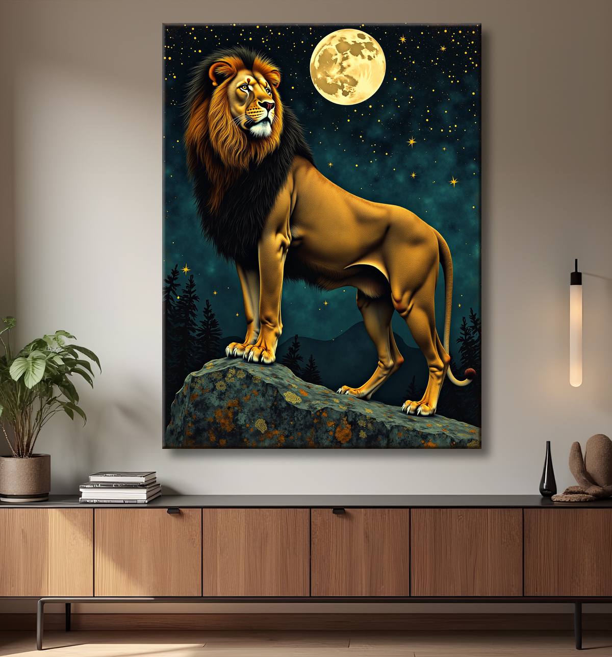 Tableau lion féerique - Portrait magique sous une nuit étoilée avec decor