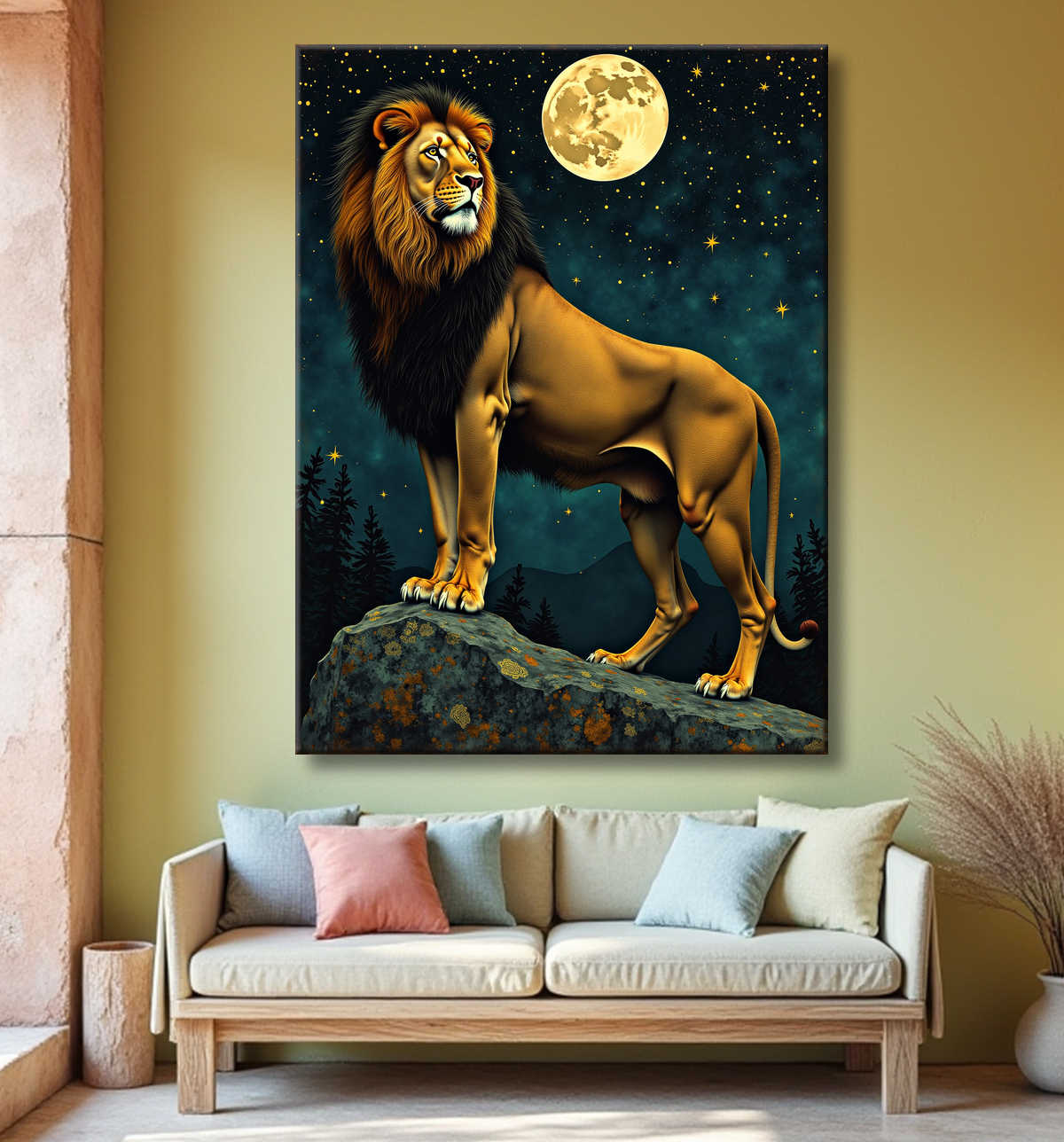Tableau lion féerique - Portrait magique sous une nuit étoilée avec decor