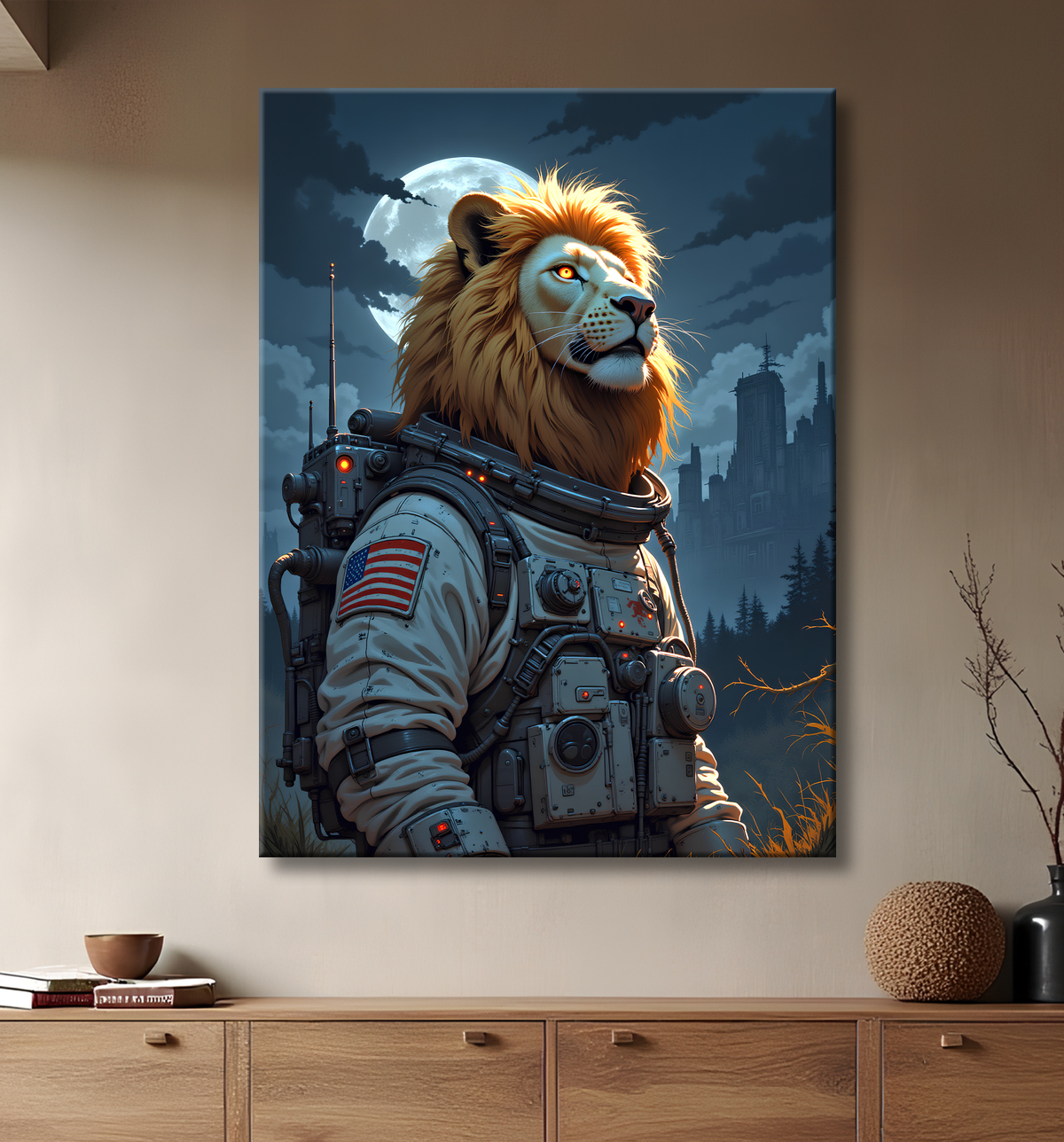 Tableau lion astronaute - Décoration murale animale originale avec decor