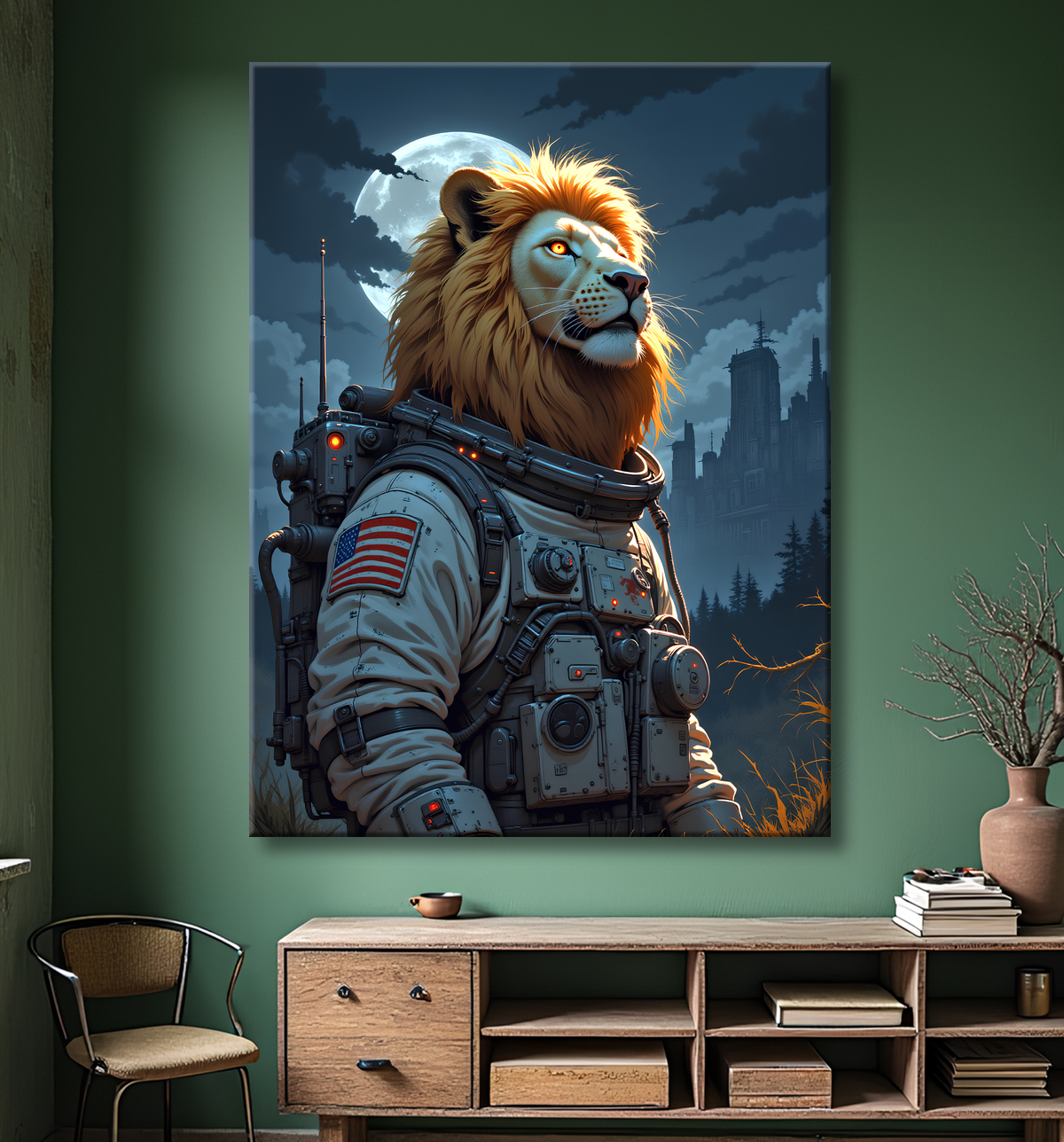 Tableau lion astronaute en exclusivité sur Decotab, inspiré de l'univers de Sylvain Binet. Une œuvre forte et inattendue pour une déco cosmique unique.