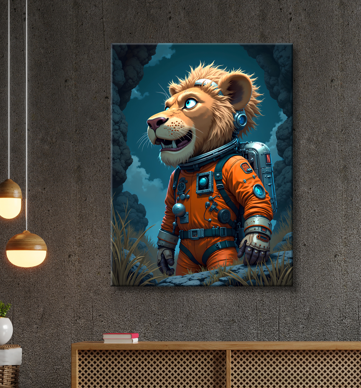 Tableau lion astronaute - Décoration murale animale originale avec decor