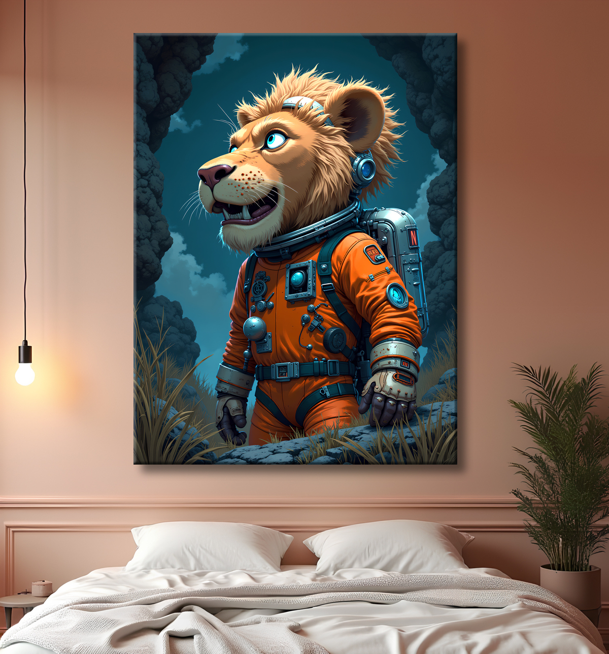 Tableau lion astronaute - Décoration murale animale originale avec decor
