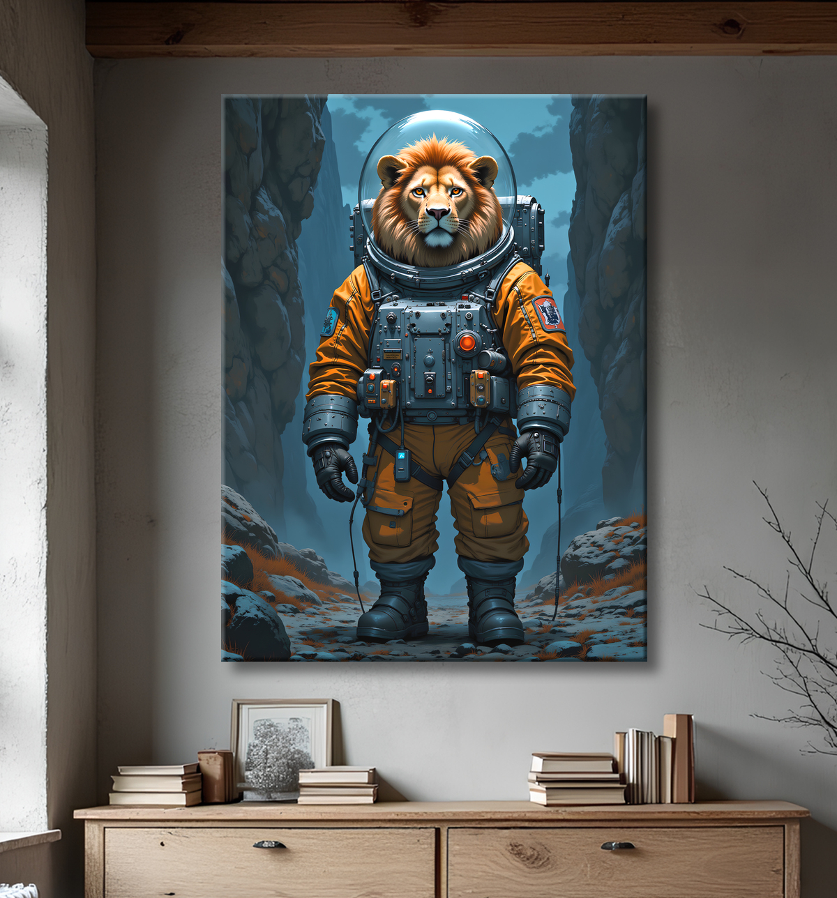 Tableau lion astronaute - Décoration murale animale originale avec decor