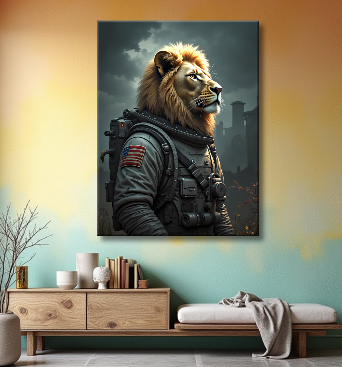 Tableau lion astronaute - Décoration murale animale originale avec decor