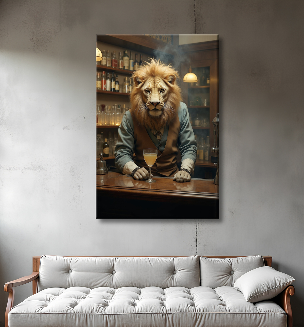 Tableau lion serveur vintage - Animal anthropomorphe chic dans un bar rétro avec decor