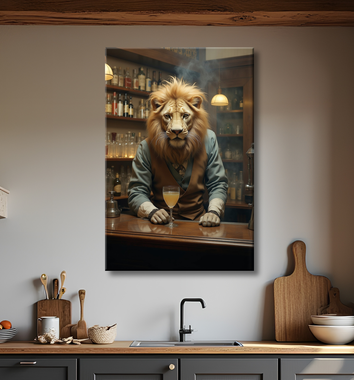 Tableau lion serveur vintage - Animal anthropomorphe chic dans un bar rétro avec decor