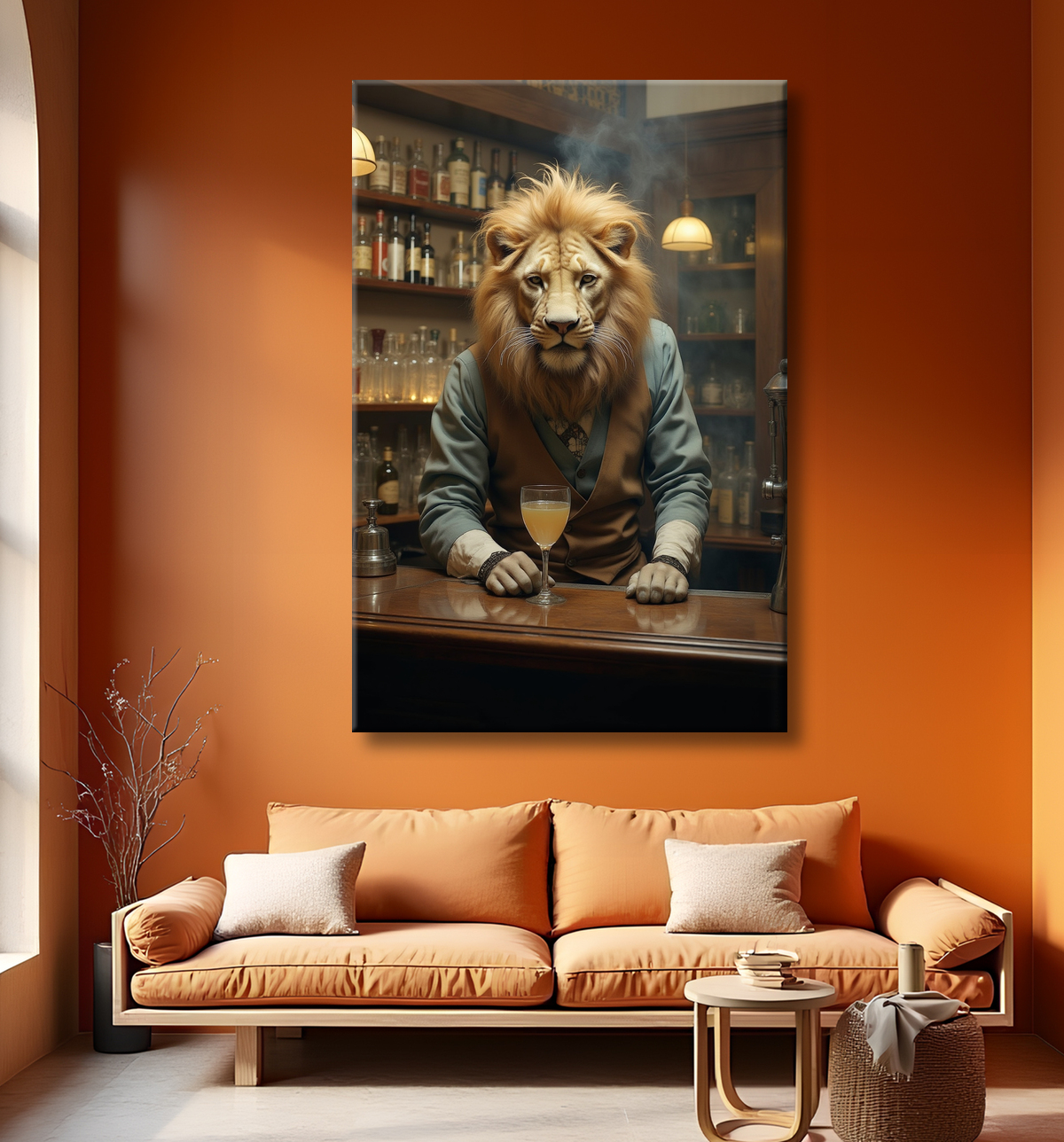 Tableau lion serveur vintage - Animal anthropomorphe chic dans un bar rétro avec decor
