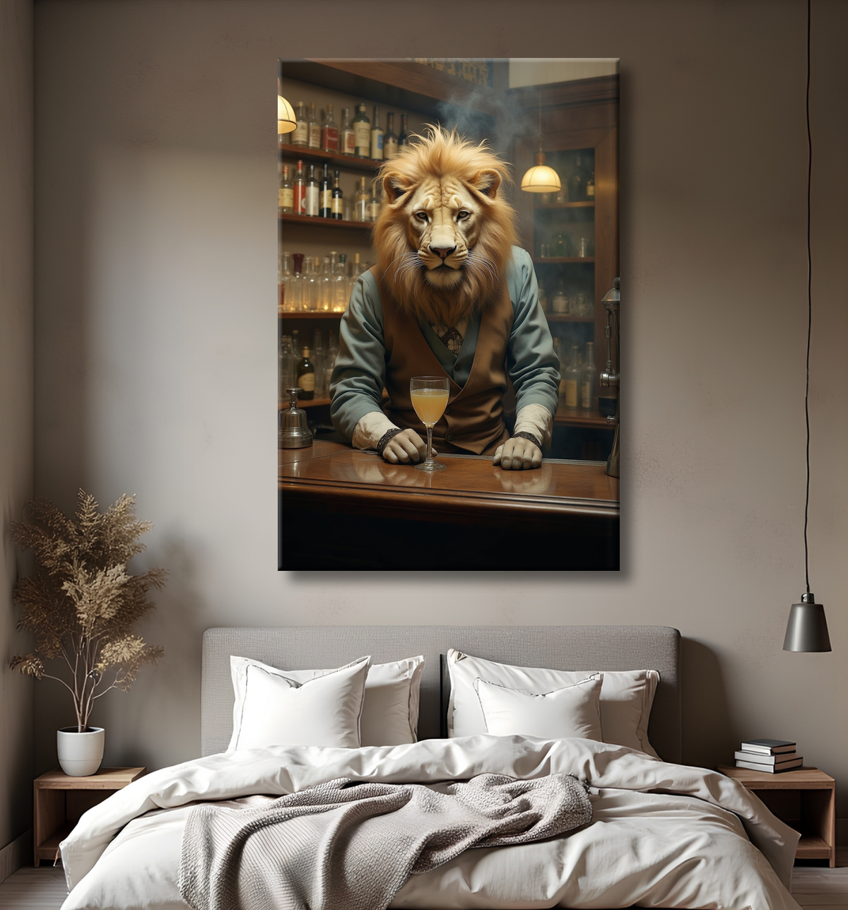 Tableau lion serveur vintage - Animal anthropomorphe chic dans un bar rétro avec decor