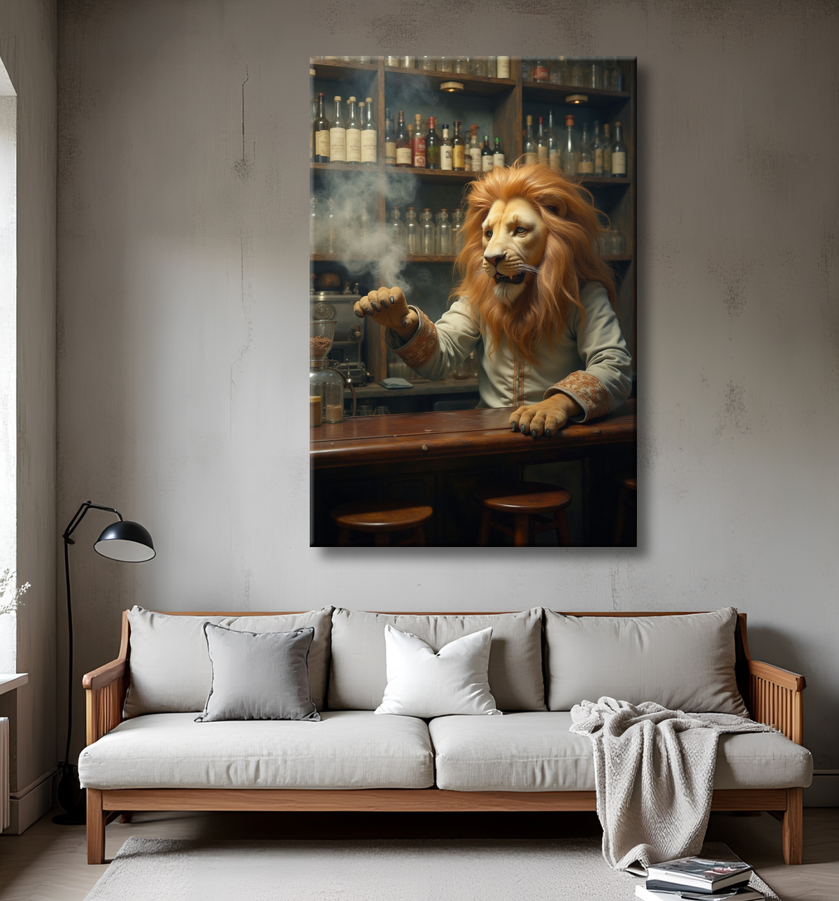 Tableau lion serveur vintage - Animal anthropomorphe chic dans un bar rétro avec decor