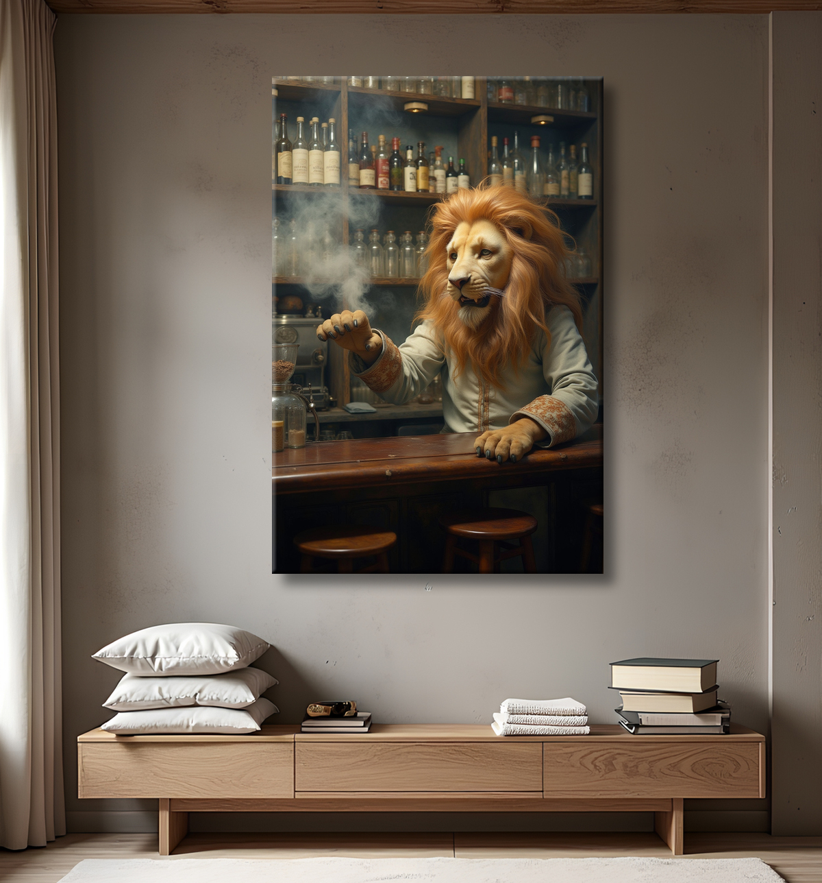Tableau lion serveur vintage - Animal anthropomorphe chic dans un bar rétro avec decor