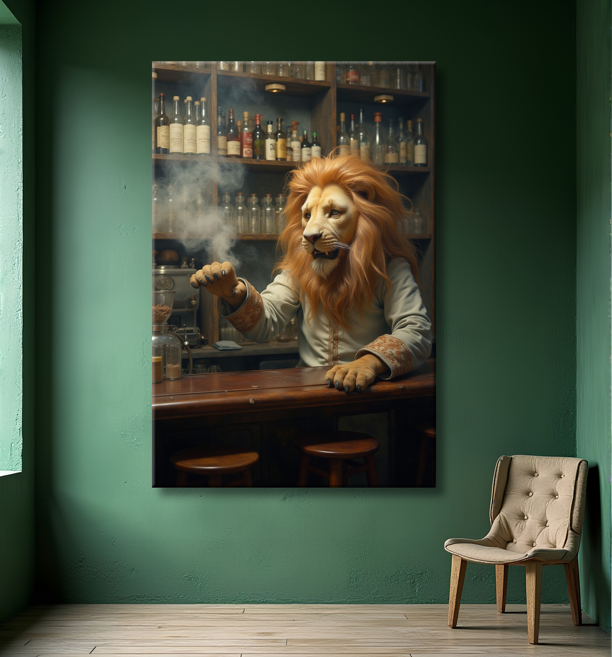 Tableau lion serveur vintage - Animal anthropomorphe chic dans un bar rétro avec decor