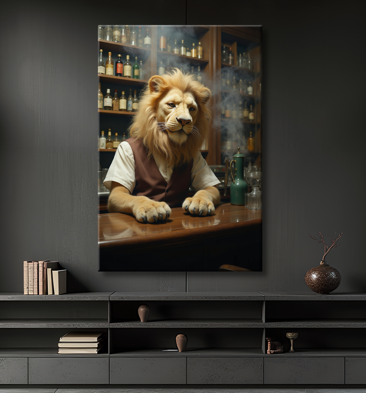 Tableau lion serveur vintage - Animal anthropomorphe chic dans un bar rétro avec decor