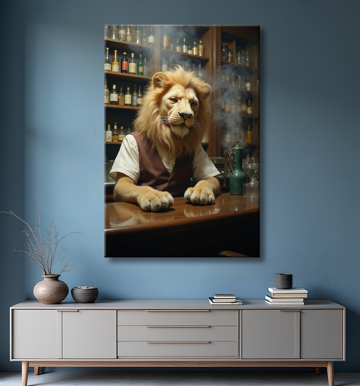 Tableau lion serveur vintage - Animal anthropomorphe chic dans un bar rétro avec decor