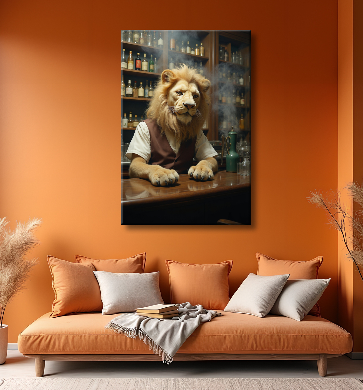 Tableau lion serveur vintage - Animal anthropomorphe chic dans un bar rétro avec decor