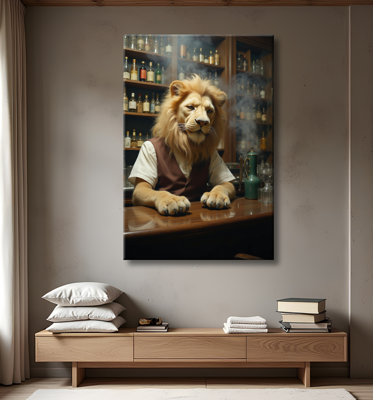 Tableau lion serveur vintage - Animal anthropomorphe chic dans un bar rétro avec decor