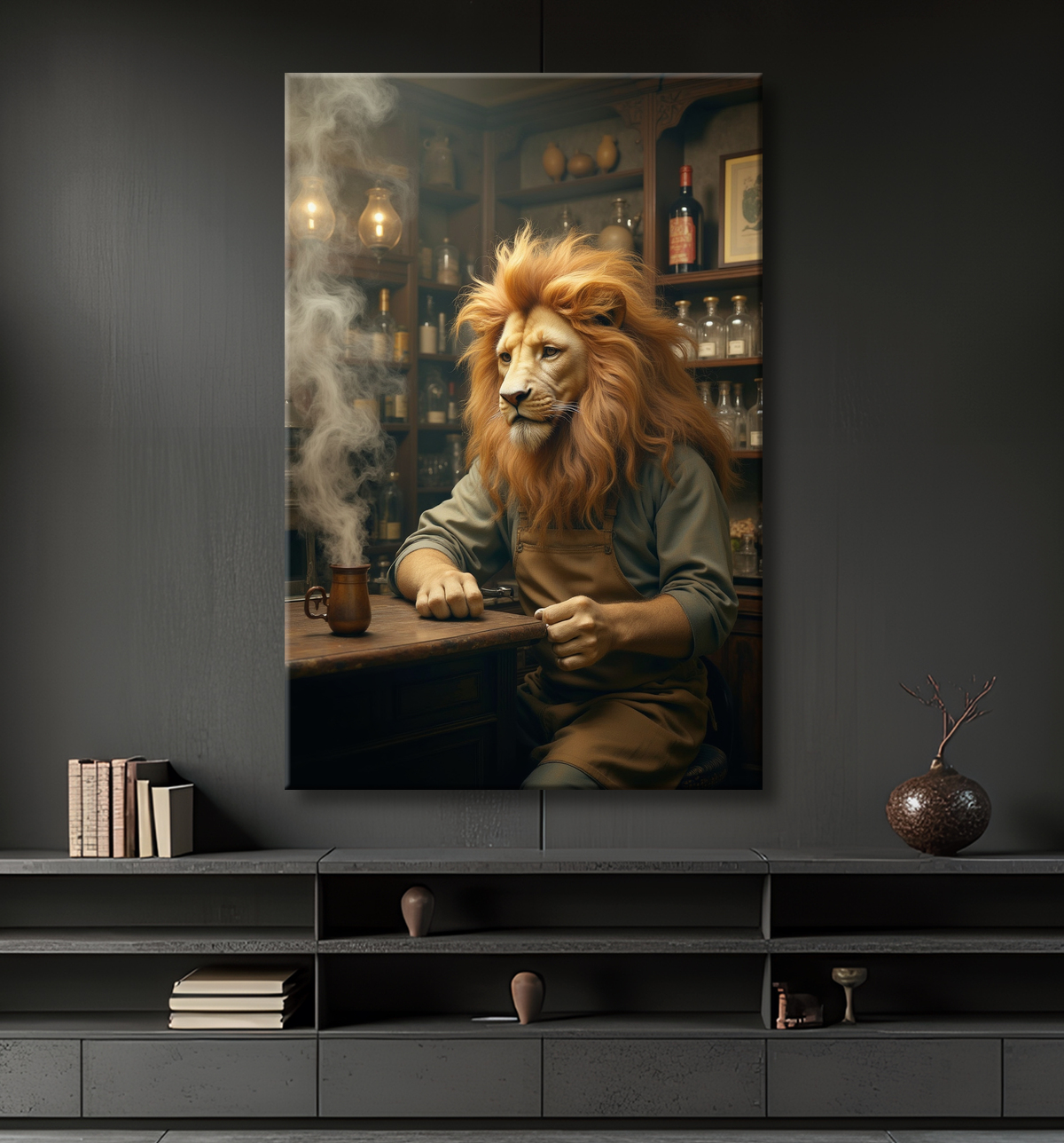 Tableau lion serveur vintage - Animal anthropomorphe chic dans un bar rétro avec decor