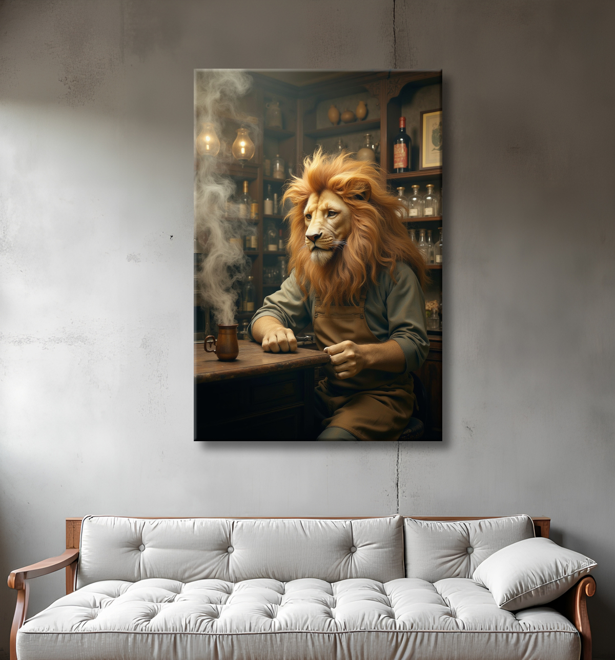 Tableau lion serveur vintage - Animal anthropomorphe chic dans un bar rétro avec decor