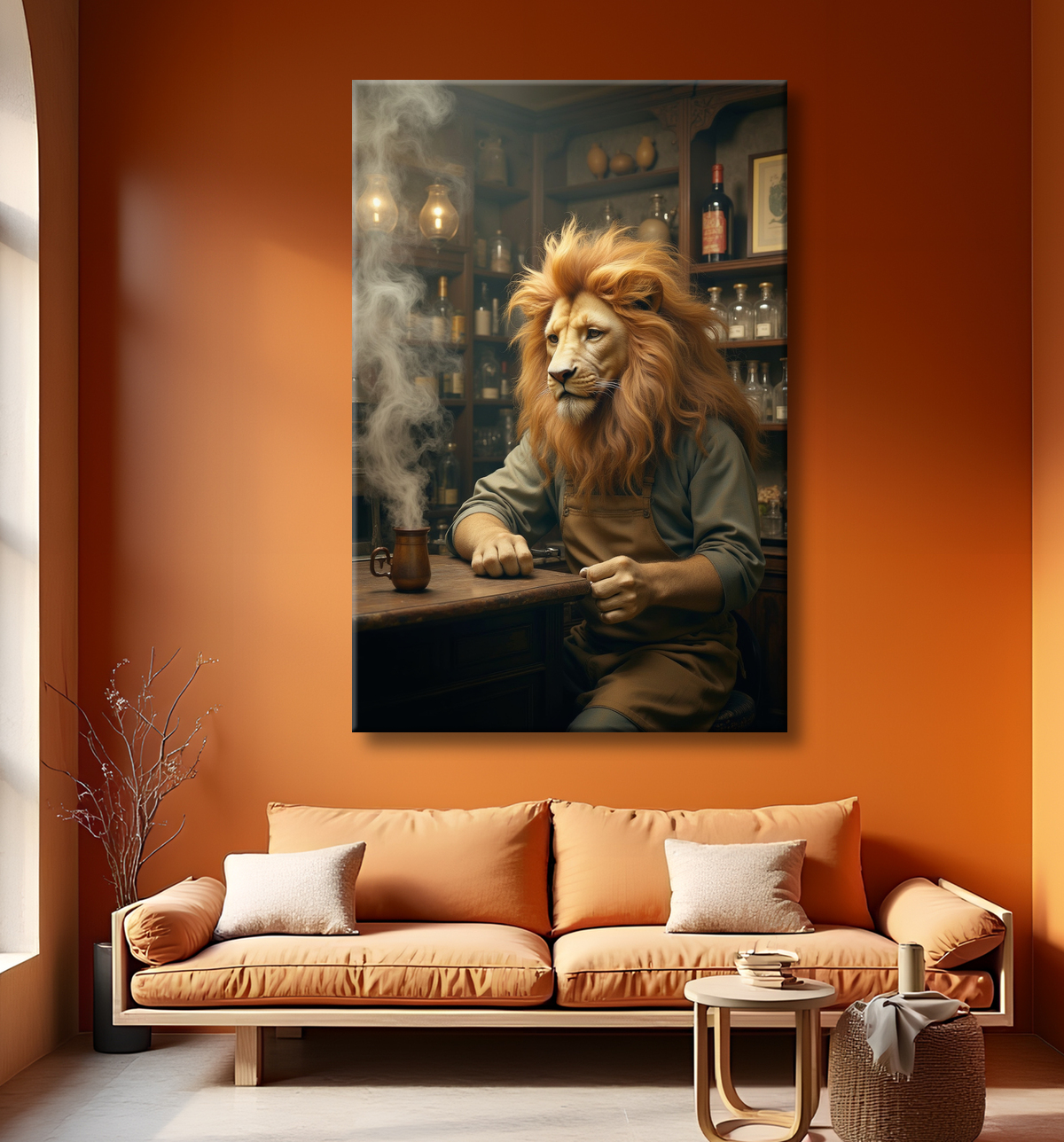 Tableau lion serveur vintage - Animal anthropomorphe chic dans un bar rétro avec decor