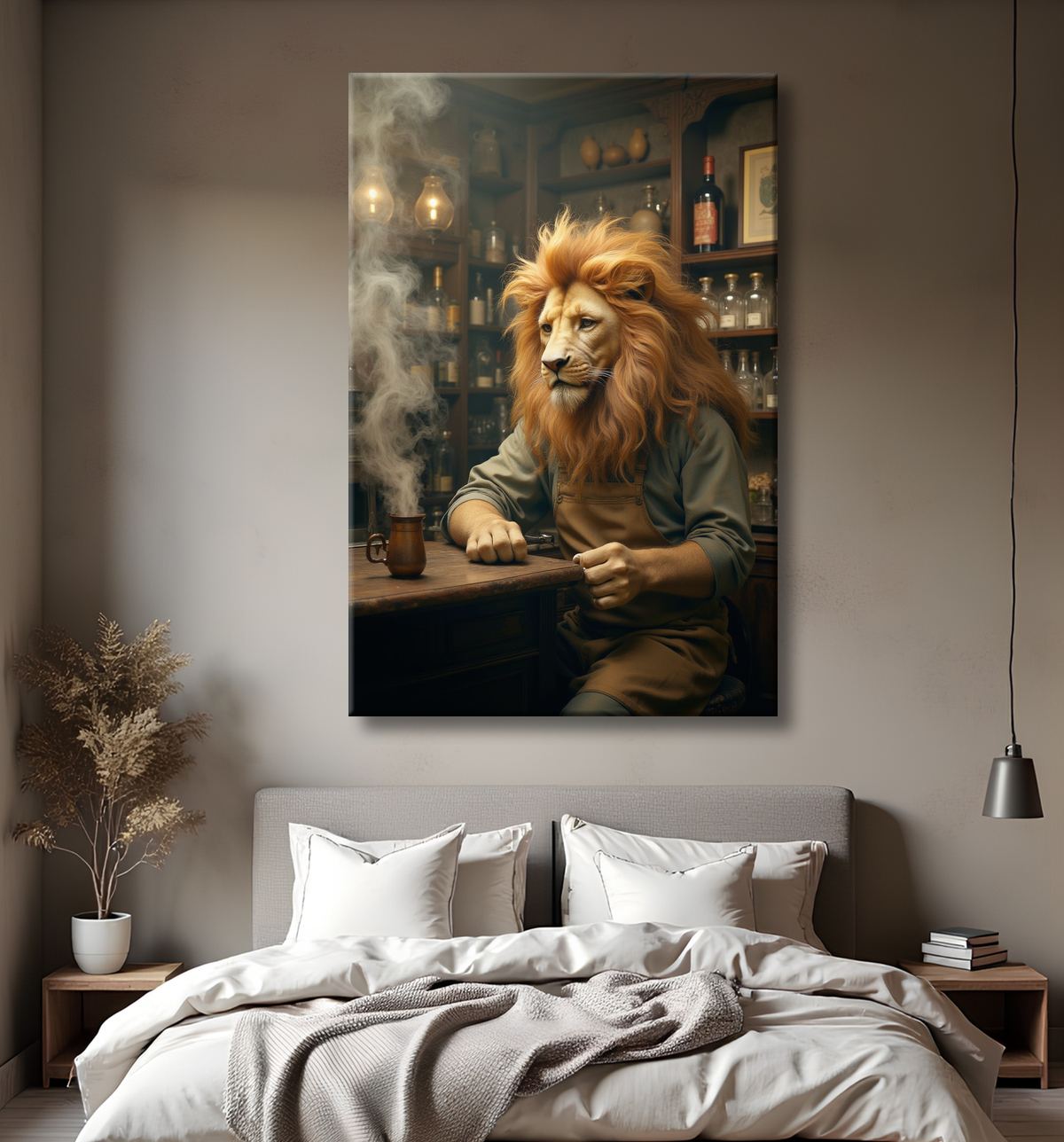 Tableau lion serveur vintage - Animal anthropomorphe chic dans un bar rétro avec decor