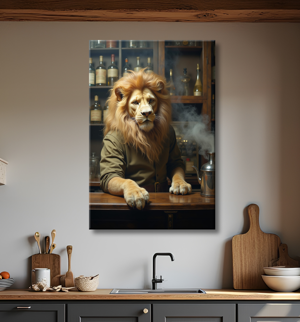 Tableau lion serveur vintage - Animal anthropomorphe chic dans un bar rétro avec decor